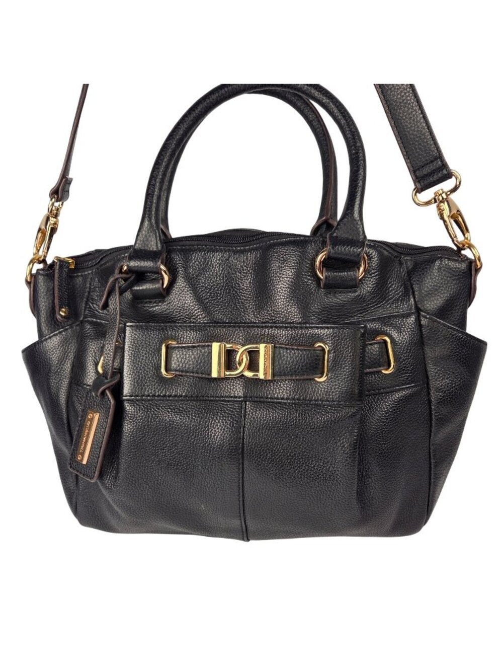 Tignanello Pebbled Leather Satchel W/ Gold Hardware & Detachable Strap Black